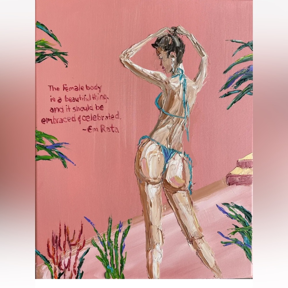 Emily Ratajkowski Em Rata Wall Decor Oil on Canvas Quote 18 x 14 inches Pink